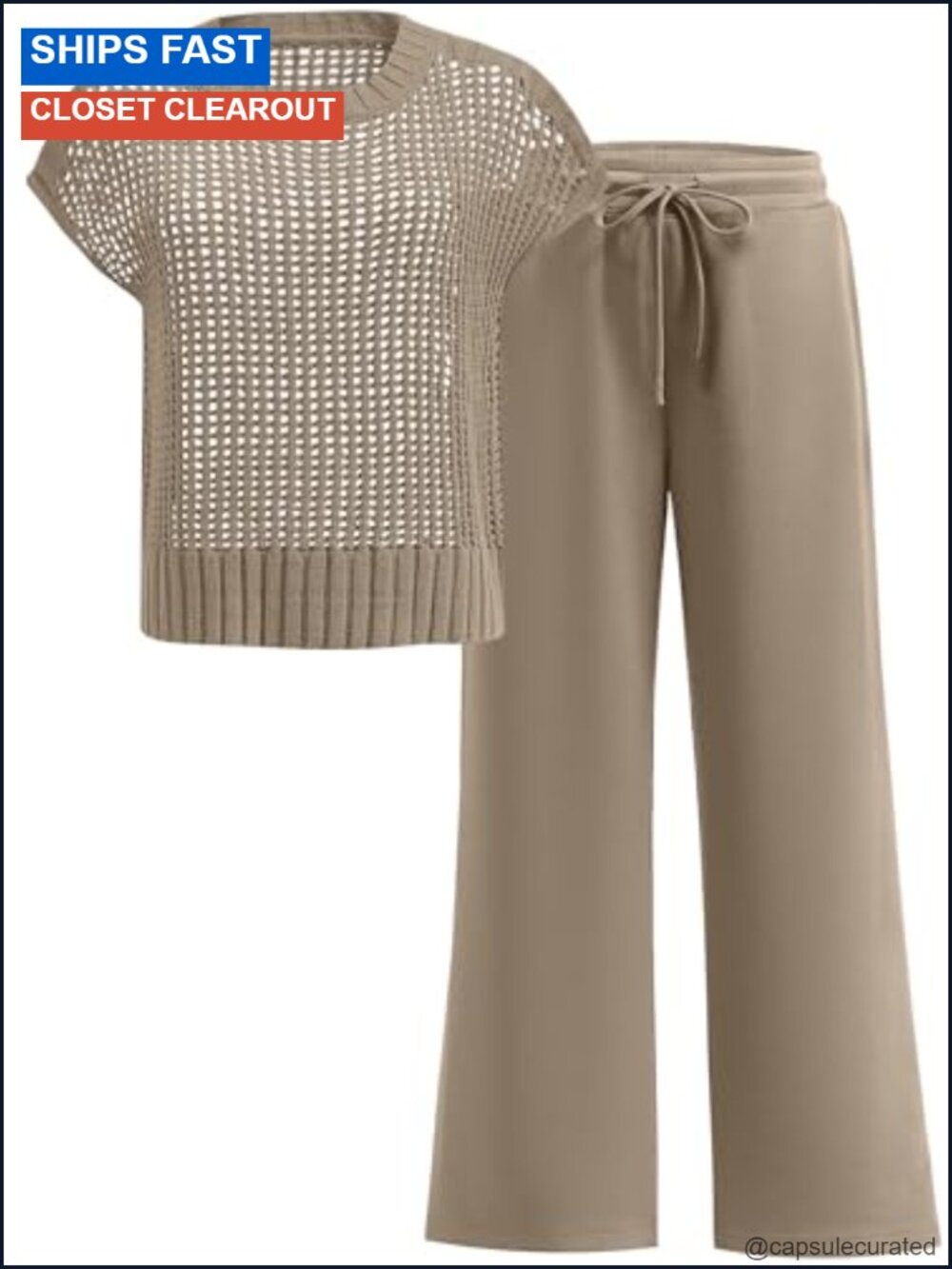 Women's Two Piece Crochet Lounge Set Pointelle Sweater & Pants Travel Outfit